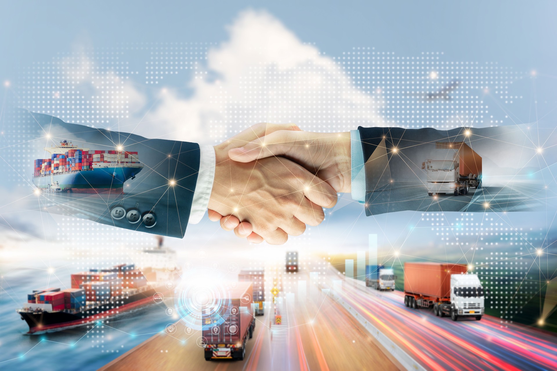 International partnership logistics import export transport concept of handshake with global business network distribution and shipping freight delivery service, Successful investment partners deal